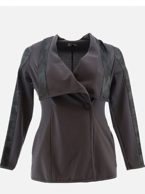 DG2 Diane Gilman Gray Draped Blazer Camo Sleeve Stretch Jacket Womens XL NWT